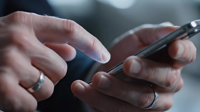 Close-up of hands using a smartphone with fingers tapping and scrolling on the screen showing technology interaction and mobile device usage in motion