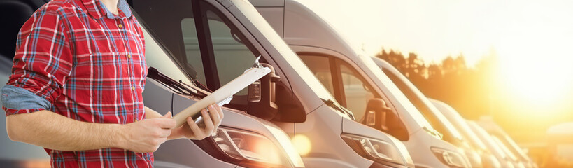 man in a red shirt checks a clipboard in front of a fleet of delivery vans in a sunny parking lot. Ready for work © carballo