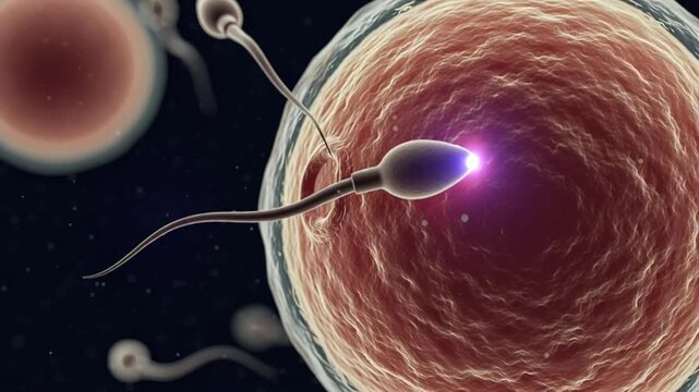 Sperm cell fertilizing a human egg cell in microscopic view. 4k video