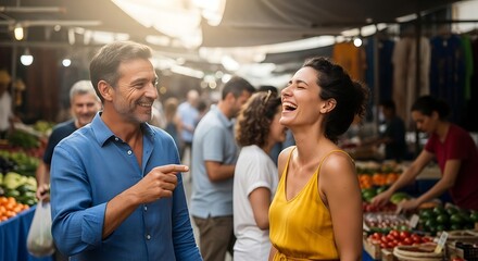 Obraz premium Happy couple shopping at a local outdoor farmers market.