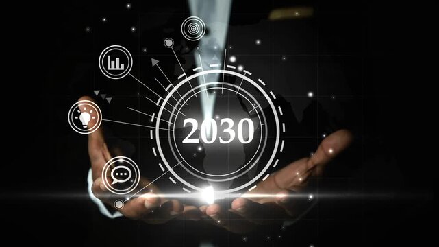 Futuristic Digital Interface with 2030 Display, Hands holding a futuristic digital interface with the year 2030 displayed