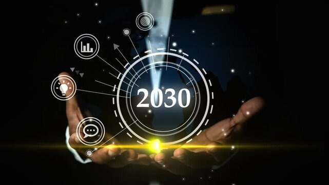 Futuristic 2030 Digital Display in Hands, Hands holding a glowing futuristic 2030 digital display