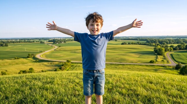 Happy young boy standing on a grassy hill with arms outstretched. Cheerful child enjoying nature and freedom in the countryside. Summer vacation concept