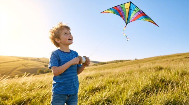 Happy young boy flying a colorful kite in a grassy field. Smiling child looking up at rainbow kite against a clear blue sky. Outdoor summer childhood activity