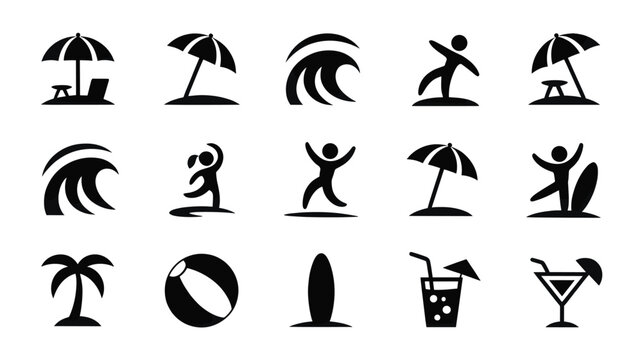 Set of 15 Black Summer Beach Holiday Icons Vector