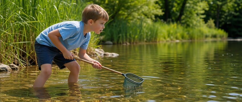 Young boy using a net to catch fish in a shallow river. Child exploring nature in a pond. Outdoor education and summer adventure concept
