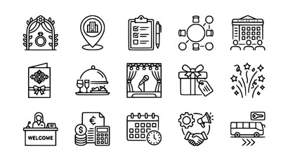 SEO Title Event planning and wedding celebration outline icon set with venue decoration catering and invitation symbols editable stroke vector © Fatik