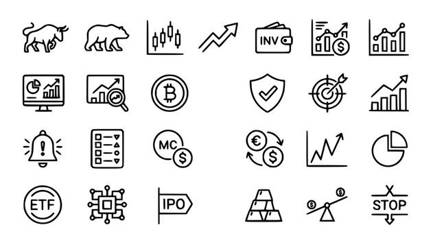 Title
Stock market and trading outline icon set with investment finance bull bear chart editable stroke linear vector pack