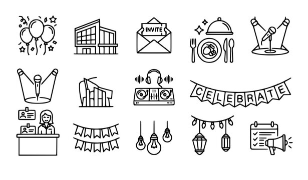 SEO Title
Party and festival event organization line icon collection with decoration catering entertainment and invitation symbols editable vector set