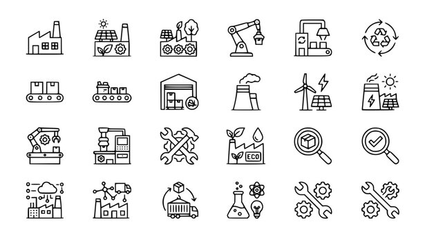 SEO Title
Modern factory and industrial automation linear icon set with eco factory and recycling plant editable stroke vector collection