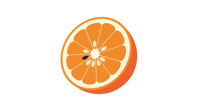 A vibrant illustration of a half-cut orange slice with a single seed, showcasing its juicy segments and bright citrus color on a white background.