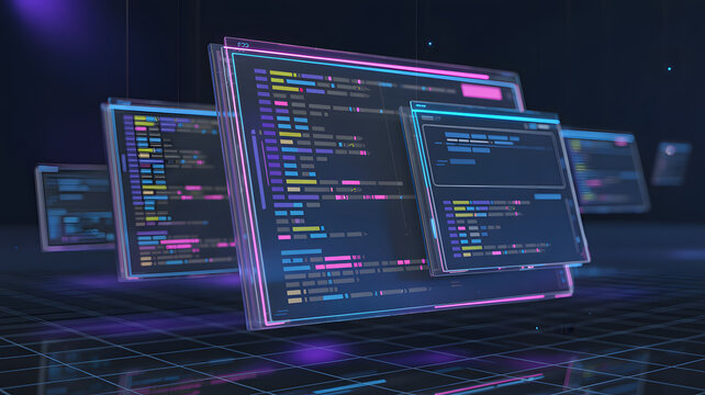 Digital screens displaying code futuristic programming interface with neon glow concept for software development and technology.