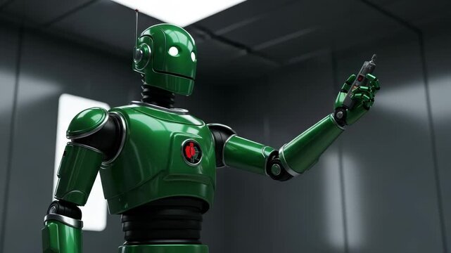 Futuristic green robot emitting laser beam