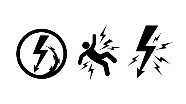Electrical shock warning symbols with lightning bolts and person