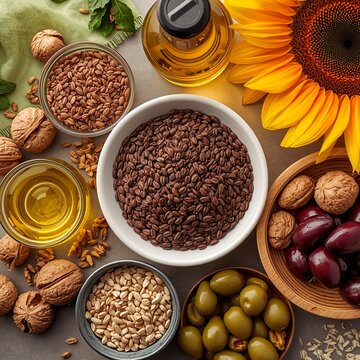 Flat Lay Composition of Healthy Mediterranean Superfoods Including Olives, Grains, and Sunflower Oil