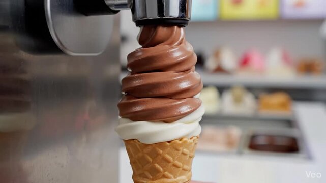 Soft Serve Ice Cream Swirling from Machine onto Waffle Cone