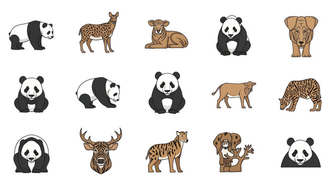 Cute Cartoon Animals Collection: Pandas, Tigers, Deer, and Dogs