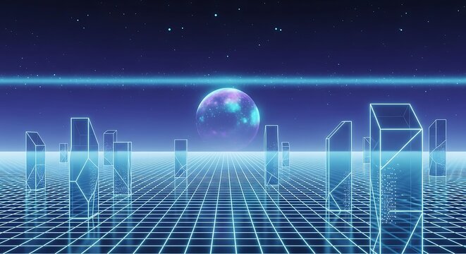 Futuristic Cyberpunk Neon Cityscape with Glowing Grid and Abstract Planet.