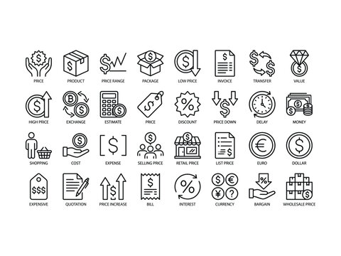 A comprehensive collection of business and finance icons representing concepts such as price product cost and exchange