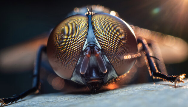 Close-up of a fly's head with detailed compound eyes and antennae.