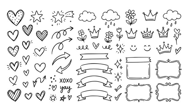 Cute Hand Drawn Scribble Elements Set with Abstract Arrows Hearts Crowns Stars and Decorative Doodle Shapes