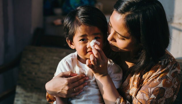 A woman comforts a young child wiping tears with a tissue.