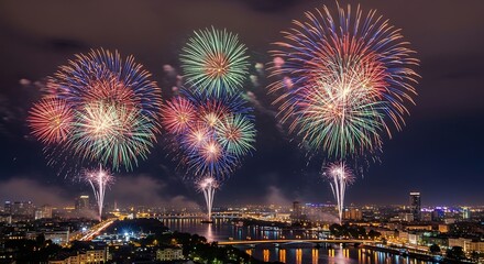 Fototapeta premium Stunning fireworks display over a city skyline at night.