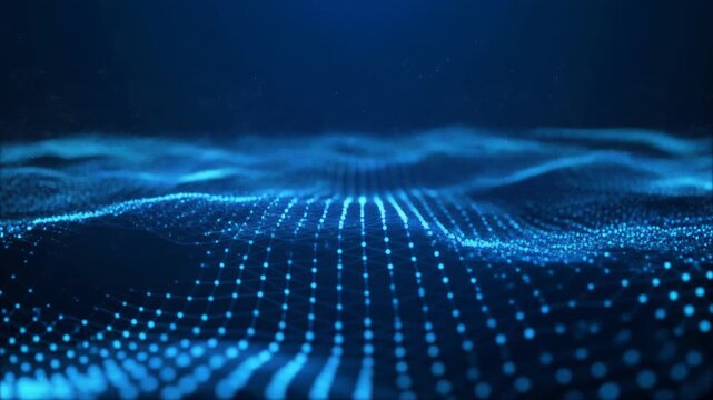 Glowing blue wave network of dots and spheres, symbolizing data flow, neural connectivity, energy patterns, and digital abstraction.