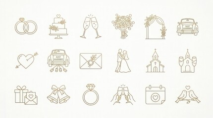 Obraz premium Editable wedding icon set including marriage symbols and elements in minimalist line art style