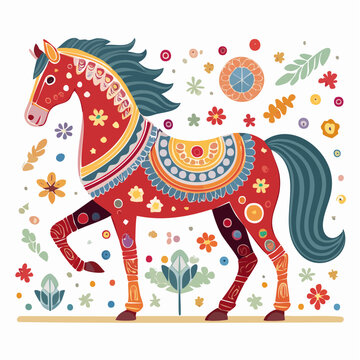 Colorful Folk Art Horse Illustration