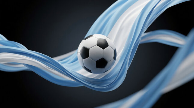 Soccer Ball Floating With Waving Argentina Flag Colors Silk Ribbons, Football Concept