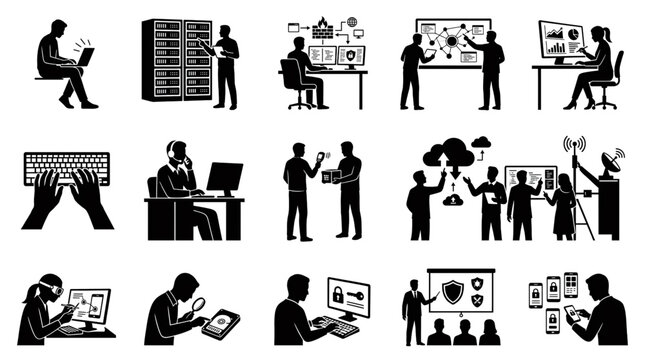 Professional Digital Security Silhouette Set with Cybersecurity Coding Server Monitoring and IT Workflow Actions