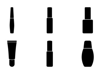 Obraz premium Cosmetic Packaging Icons: Mascara, Perfume Bottles, Nail Polish, Cream Tube, Dropper Bottle, Lotion Container - Beauty Product Vector Set