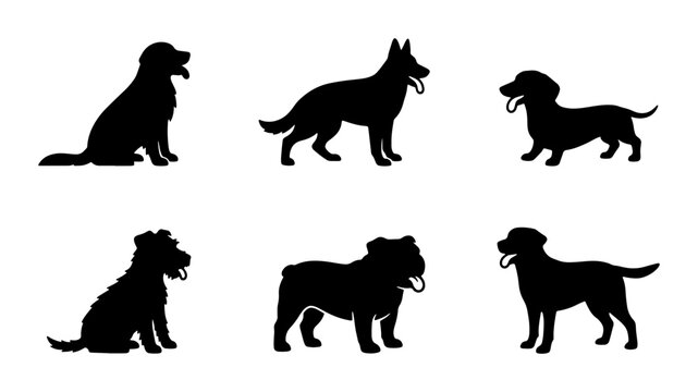 Dog Silhouettes Collection, Six Different Breeds, Vector Icons for Pet Lovers, Canine Companionship Graphics