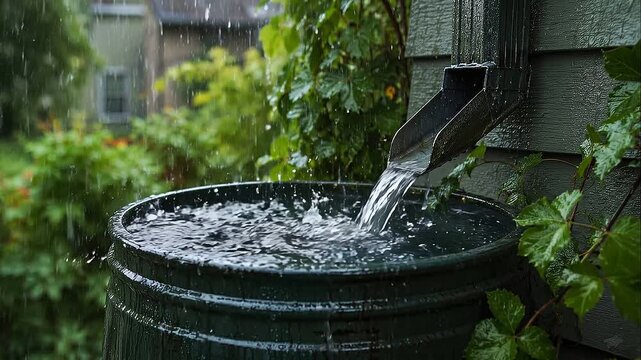 Green rain barrel collecting water from downspout and gutter to harvest roof runoff for garden irrigation creating environmental legacy