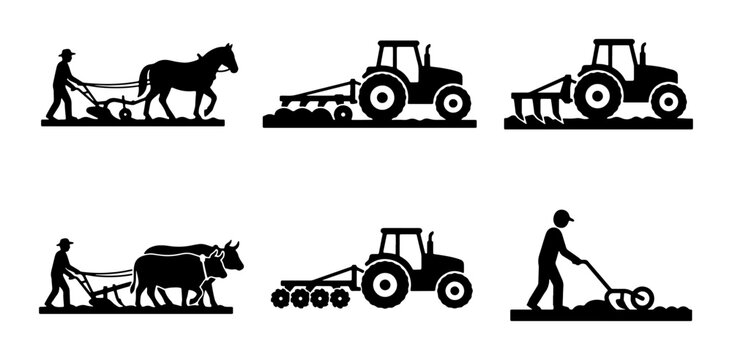 Agricultural Plowing Icons: Horse, Ox, Tractor, and Tiller Silhouettes, representing farming evolution and modern machinery for land cultivation and soil preparation.