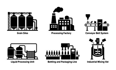 Industrial Production Icons: Grain Silos, Processing Factory, Conveyor Belt, Liquid Unit, Bottling Line, Mixing Vat, Manufacturing Elements © Tanvir