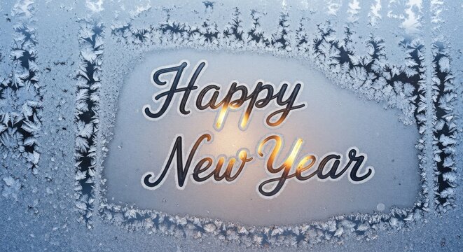 Happy new year text written on a frosty window pane with ice crystal patterns