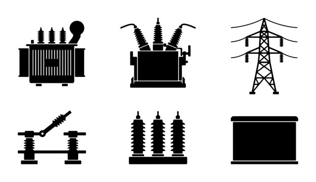 Electrical Transformer and Power Line Icons, High Voltage Equipment Set, Industrial Energy Components, Power Grid Infrastructure Vector Graphics