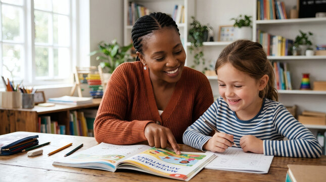 Smiling black female teacher helping a young girl student with her schoolwork at a desk.
