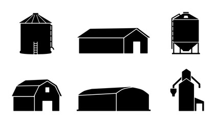 Farm Silo and Barn Icons, Agricultural Building Silhouettes, Rural Storage Structures Vector Set © Tanvir