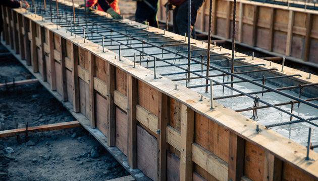 Concrete foundation with rebar reinforcement for construction.