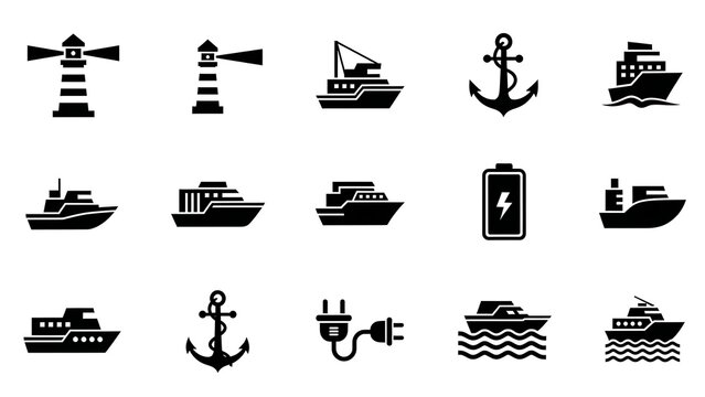 Collection of nautical icons featuring ships lighthouses anchors and maritime elements in a simplistic style