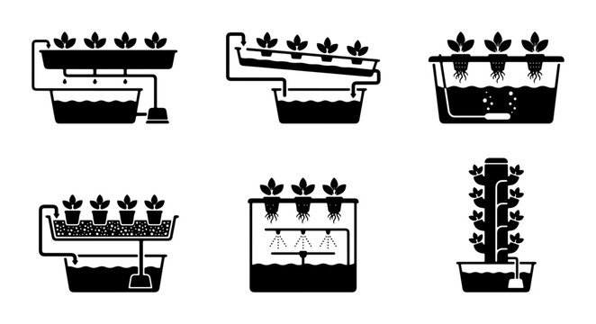 Hydroponic Systems Icons, Vertical Farming Set, Aeroponics and NFT Growing Methods, Modern Agriculture Technology
