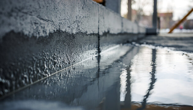 Close-up of a wet concrete surface with reflections and water droplets.
