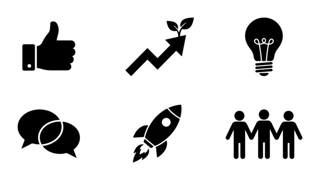 Business Growth Icons Set: Thumbs Up, Startup Rocket, Lightbulb Idea, Chat Bubbles, Teamwork, and Analytics Graph Vector Graphics