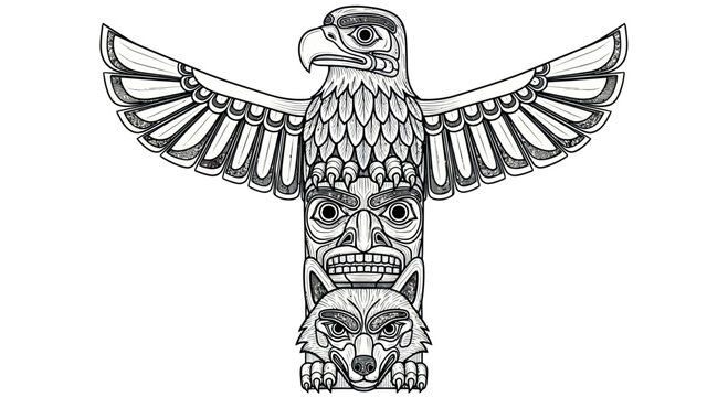 Native American Totem Pole with Eagle and Wolf Illustration