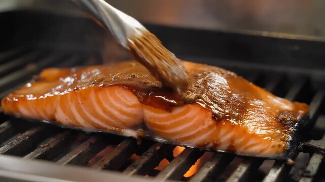 Vibrant salmon fillet sizzling on a hot BBQ grill, being basted with a rich brown glaze, close-up, slow motion, representing healthy cuisine