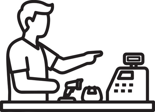 Sales clerk at a checkout counter with line art checkout register