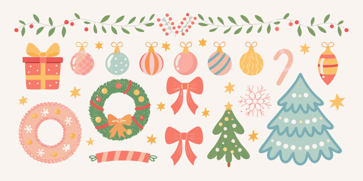 festive holiday ornaments and decorations hand drawn illustration